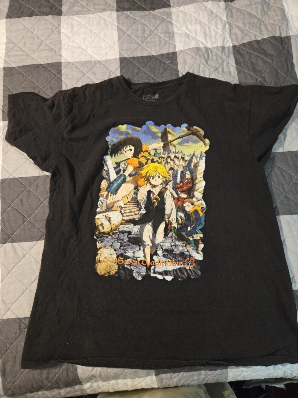 The Seven Deadly Sins Black Anime Graphic Tee Colorful Character Print, L